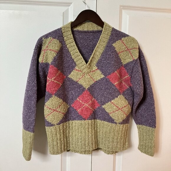 Vintage Las Americas Hand Knit V-neck Argyle Wool Cotton Sweater Preppy Y2K Crop - Picture 1 of 4